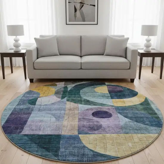 8' Blue Gold And Purple Abstract Geometric Washable Round Rug With UV Protection Photo 2