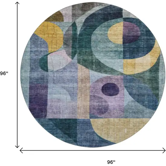 8' Blue Gold And Purple Abstract Geometric Washable Round Rug With UV Protection Photo 9