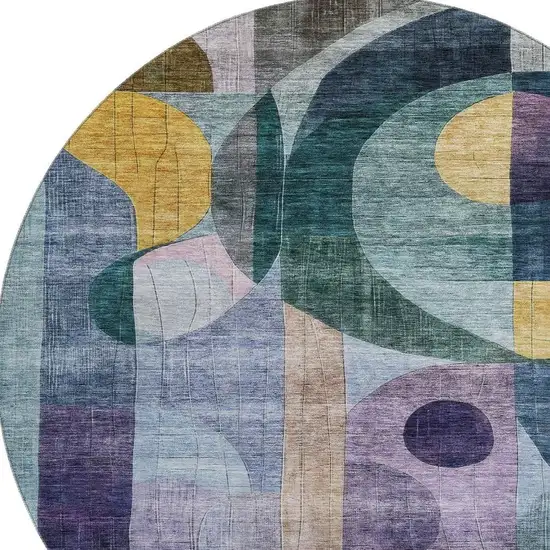 8' Blue Gold And Purple Abstract Geometric Washable Round Rug With UV Protection Photo 2