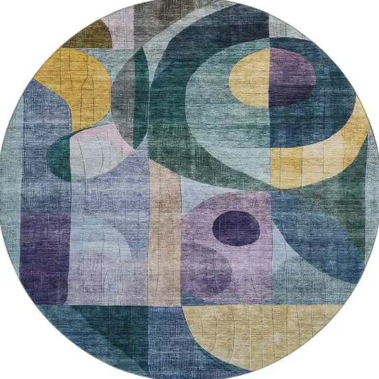 8' Blue Gold And Purple Abstract Geometric Washable Round Rug With UV Protection Photo 3