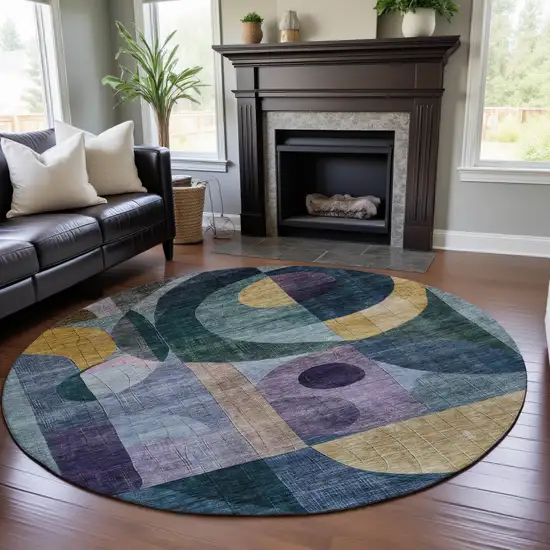 8' Blue Gold And Purple Abstract Geometric Washable Round Rug With UV Protection Photo 4