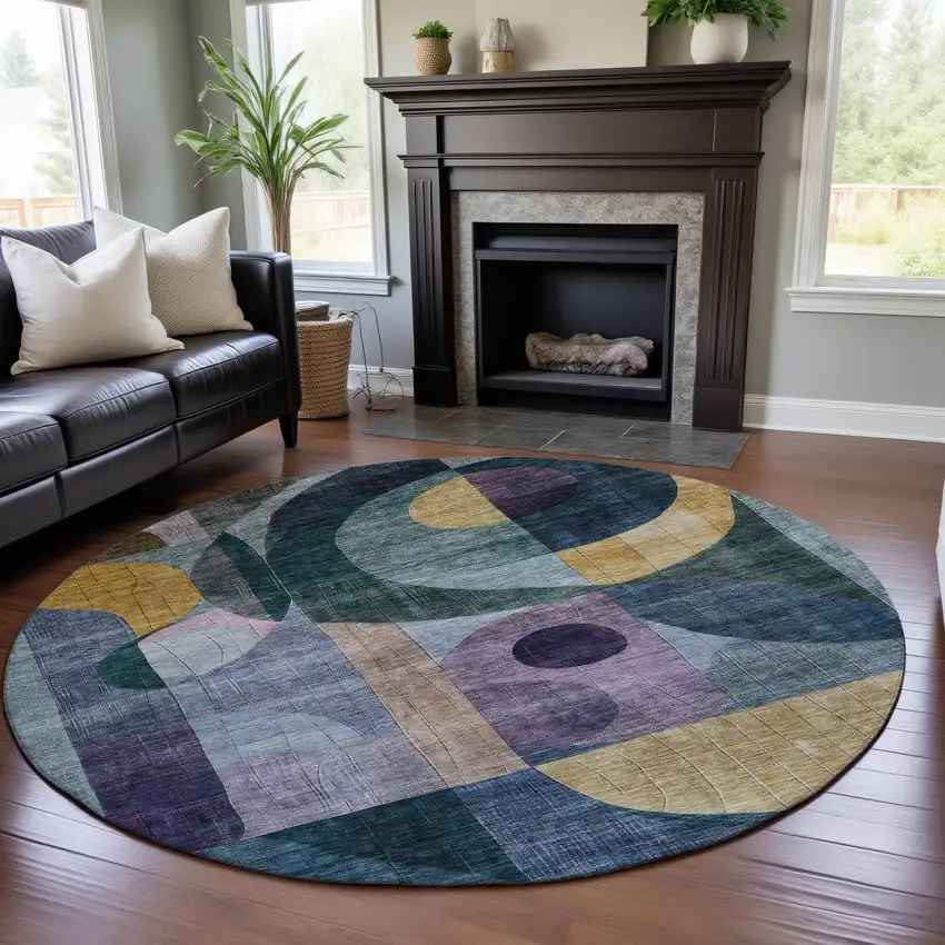 8' Blue Gold And Purple Abstract Geometric Washable Round Rug With UV Protection Photo 4