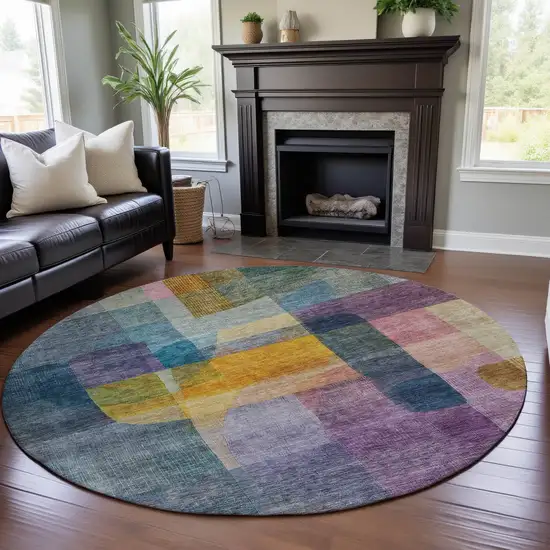 8' Blue Gold And Purple Abstract Washable Round Rug With UV Protection Photo 4