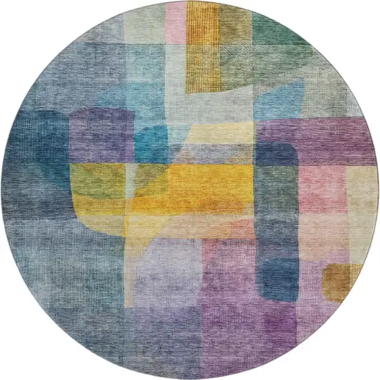 8' Blue Gold And Purple Abstract Washable Round Rug With UV Protection Photo 1