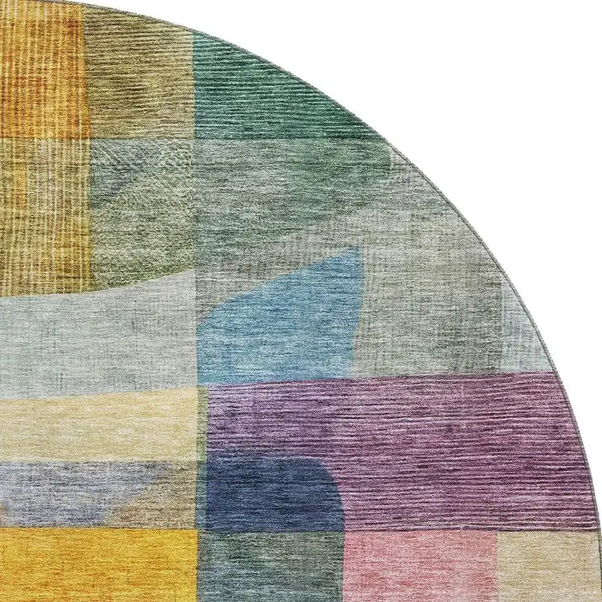 8' Blue Gold And Purple Abstract Washable Round Rug With UV Protection Photo 2