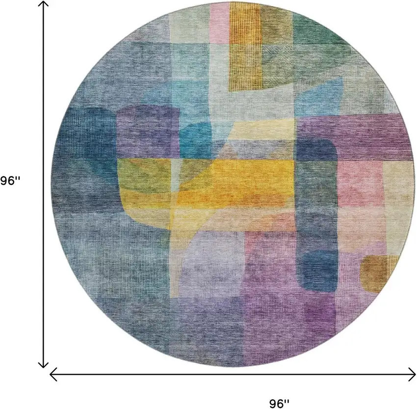8' Blue Gold And Purple Abstract Washable Round Rug With UV Protection Photo 9