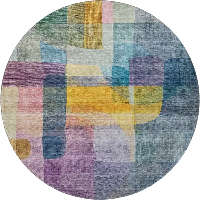 8' Blue Gold And Purple Abstract Washable Round Rug With UV Protection Photo 3