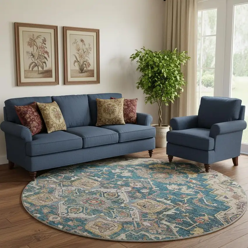8' Blue Gold And Rust Floral Medallion Washable Round Rug With UV Protection Photo 1
