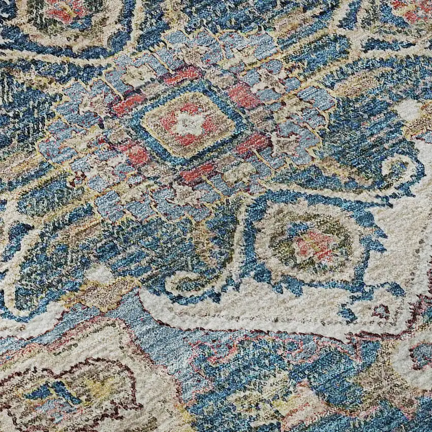 8' Blue Gold And Rust Floral Medallion Washable Round Rug With UV Protection Photo 9