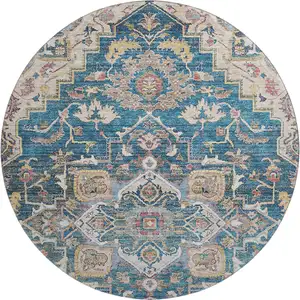 Photo of 8' Blue Gold And Rust Floral Medallion Washable Round Rug With UV Protection
