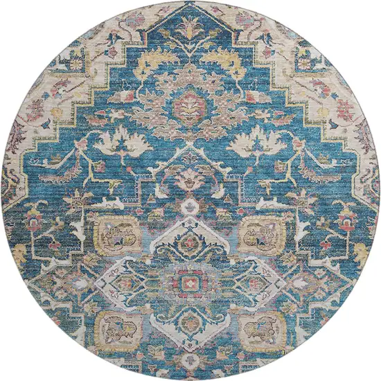 8' Blue Gold And Rust Floral Medallion Washable Round Rug With UV Protection Photo 1