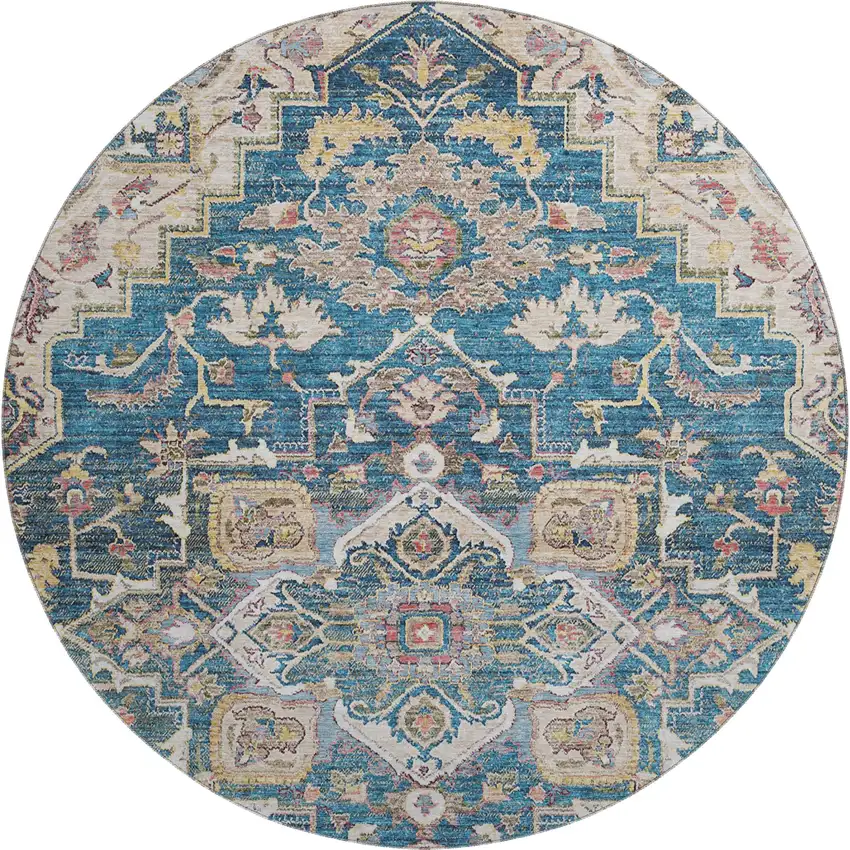 8' Blue Gold And Rust Floral Medallion Washable Round Rug With UV Protection Photo 1