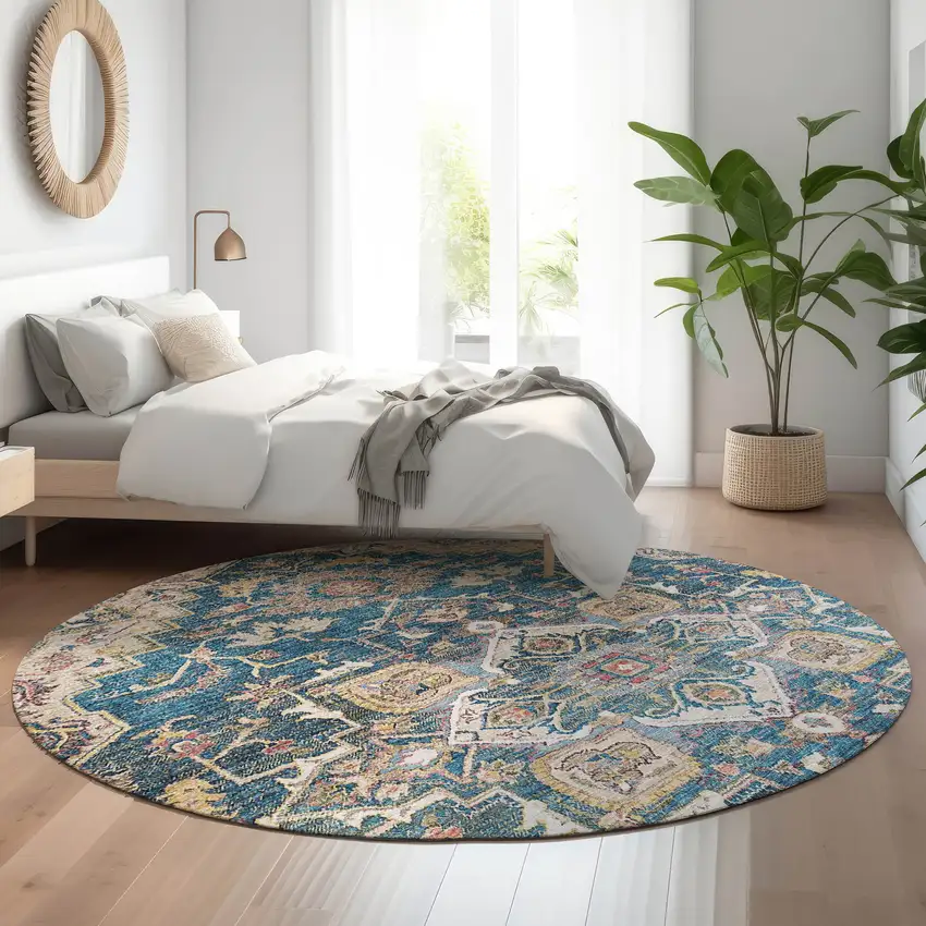 8' Blue Gold And Rust Floral Medallion Washable Round Rug With UV Protection Photo 5