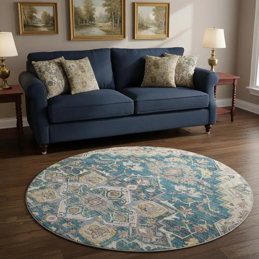 8' Blue Gold And Rust Floral Medallion Washable Round Rug With UV Protection Photo 2