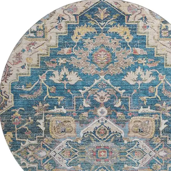 8' Blue Gold And Rust Floral Medallion Washable Round Rug With UV Protection Photo 3