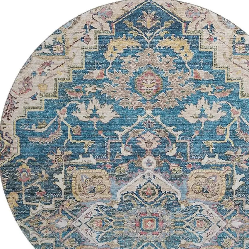 8' Blue Gold And Rust Floral Medallion Washable Round Rug With UV Protection Photo 3