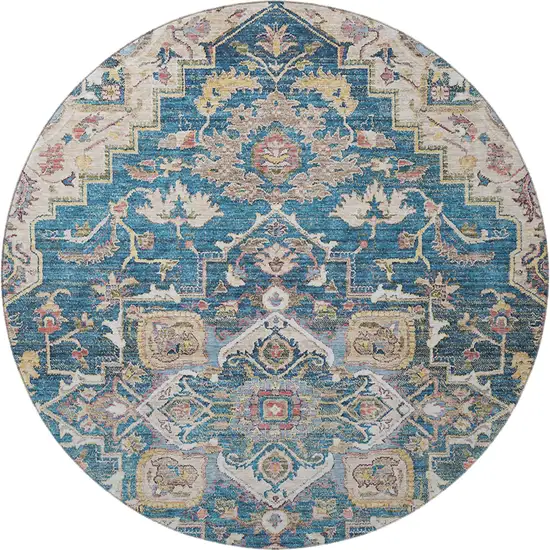 8' Blue Gold And Rust Floral Medallion Washable Round Rug With UV Protection Photo 4
