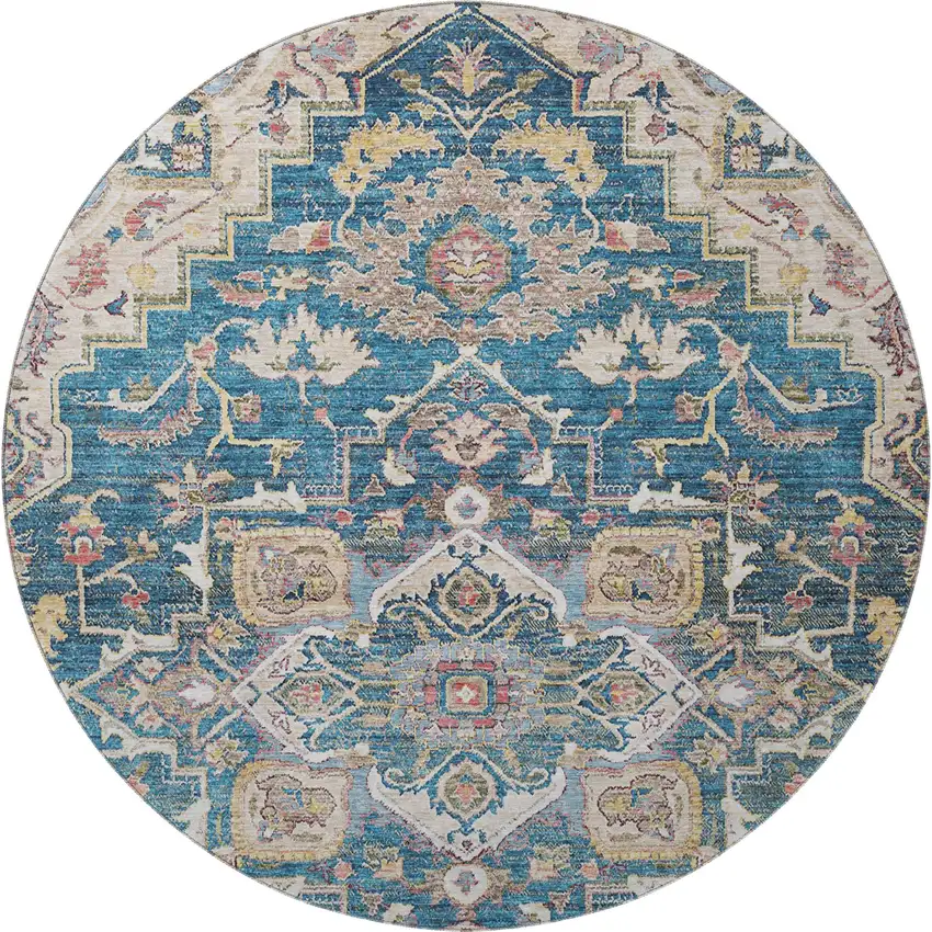 8' Blue Gold And Rust Floral Medallion Washable Round Rug With UV Protection Photo 4