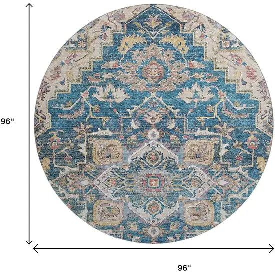8' Blue Gold And Rust Floral Medallion Washable Round Rug With UV Protection Photo 3