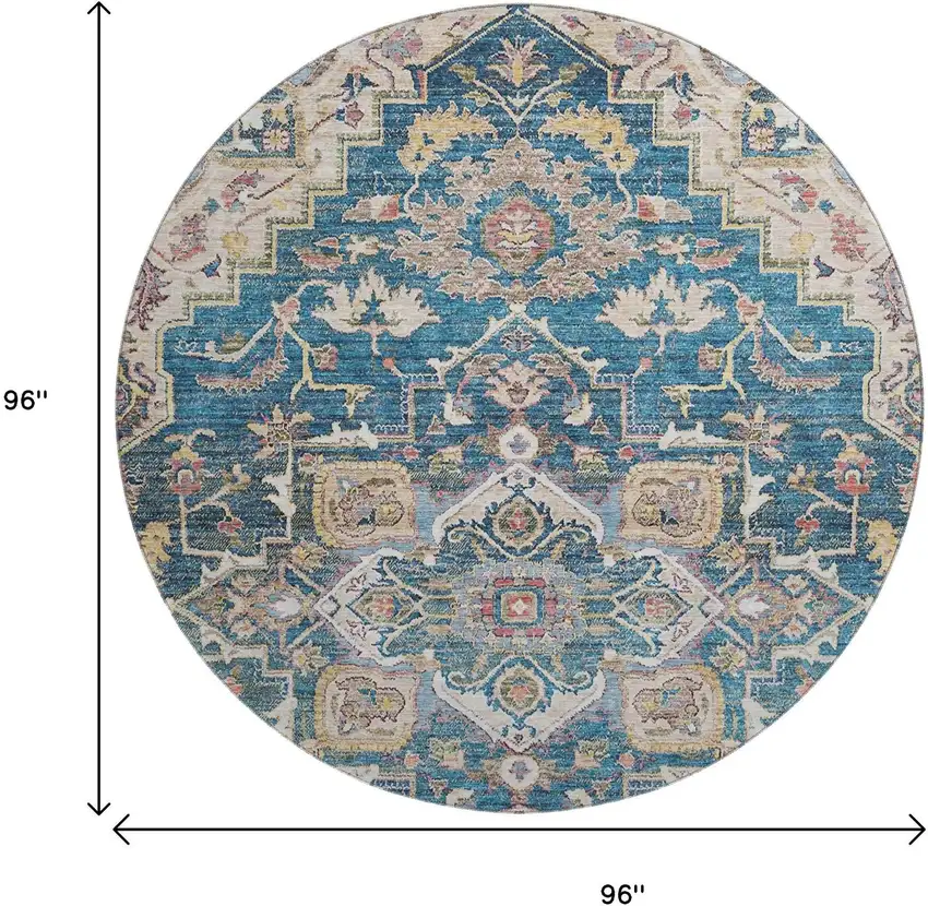 8' Blue Gold And Rust Floral Medallion Washable Round Rug With UV Protection Photo 3
