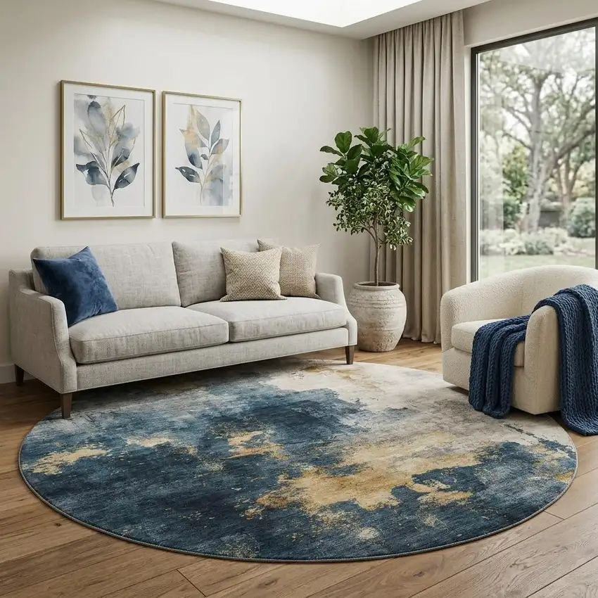 8' Blue Gold And Silver Abstract Washable Round Rug With UV Protection Photo 1