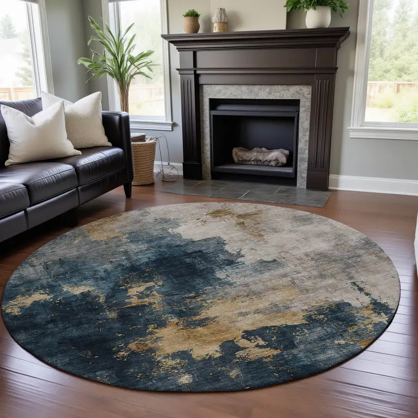 8' Blue Gold And Silver Abstract Washable Round Rug With UV Protection Photo 4