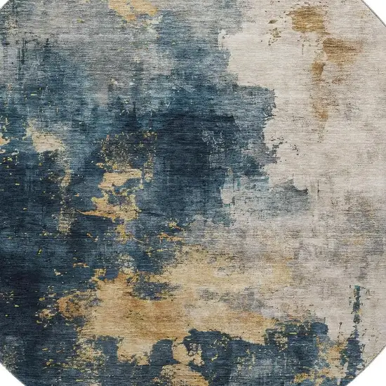 8' Blue Gold And Silver Abstract Washable Round Rug With UV Protection Photo 2