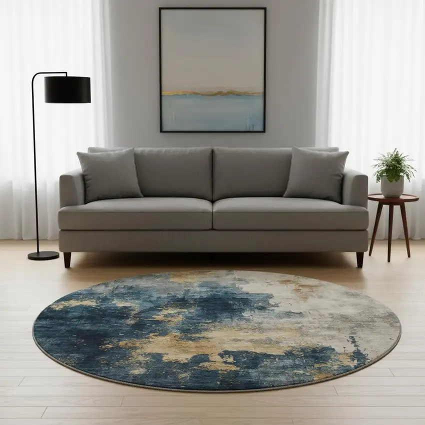 8' Blue Gold And Silver Abstract Washable Round Rug With UV Protection Photo 2