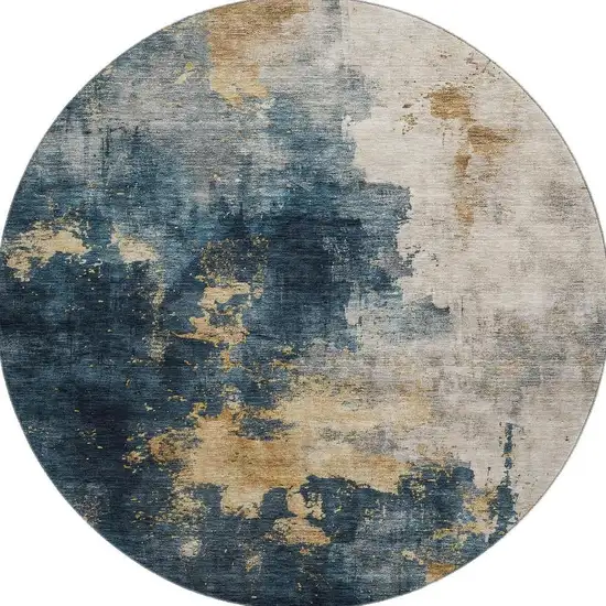 8' Blue Gold And Silver Abstract Washable Round Rug With UV Protection Photo 3