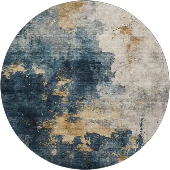 8' Blue Gold And Silver Abstract Washable Round Rug With UV Protection Photo 1