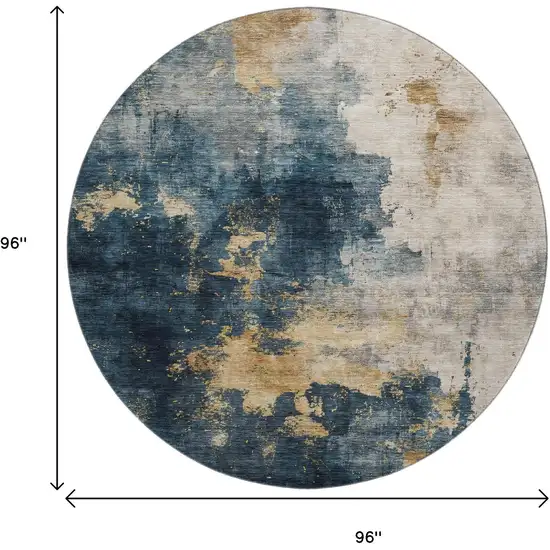 8' Blue Gold And Silver Abstract Washable Round Rug With UV Protection Photo 9
