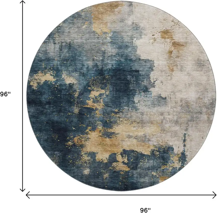 8' Blue Gold And Silver Abstract Washable Round Rug With UV Protection Photo 9