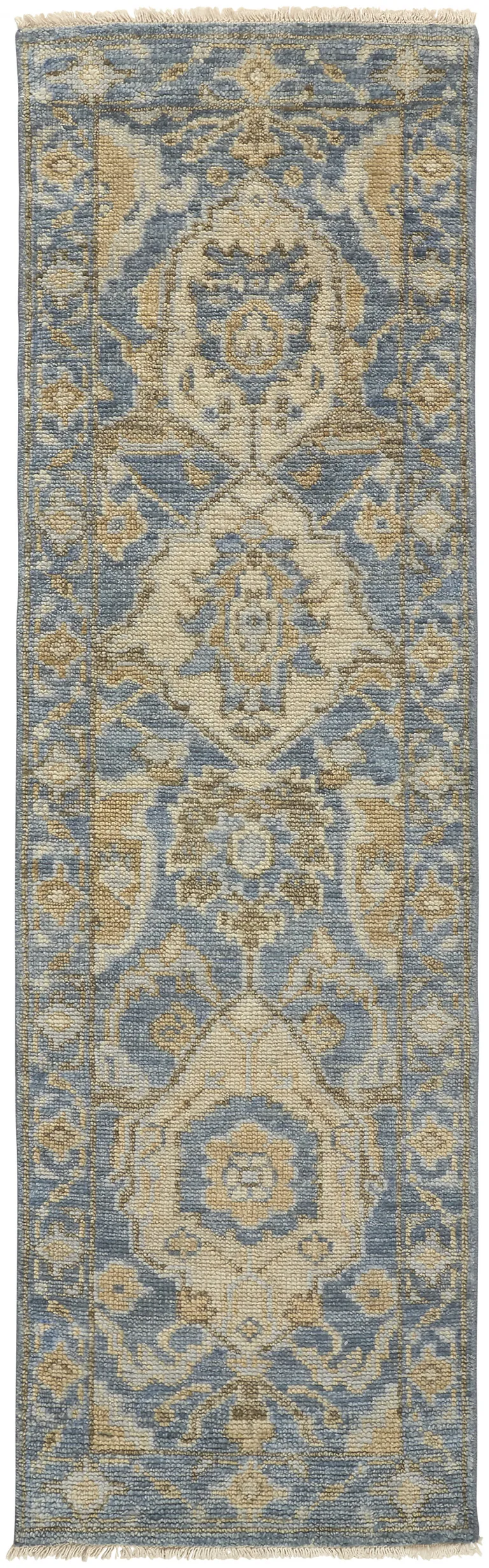 8' Blue Gold And Tan Wool Floral Hand Knotted Stain Resistant Runner Rug With Fringe Photo 1