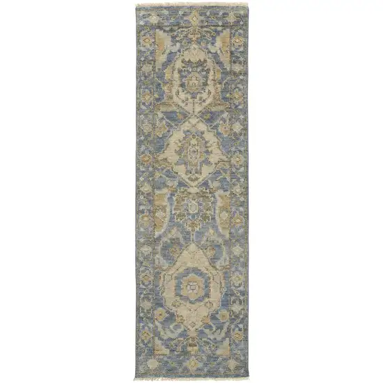 8' Blue Gold And Tan Wool Floral Hand Knotted Stain Resistant Runner Rug With Fringe Photo 1