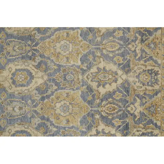8' Blue Gold And Tan Wool Floral Hand Knotted Stain Resistant Runner Rug With Fringe Photo 4