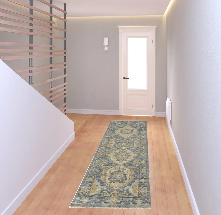8' Blue Gold And Tan Wool Floral Hand Knotted Stain Resistant Runner Rug With Fringe Photo 2