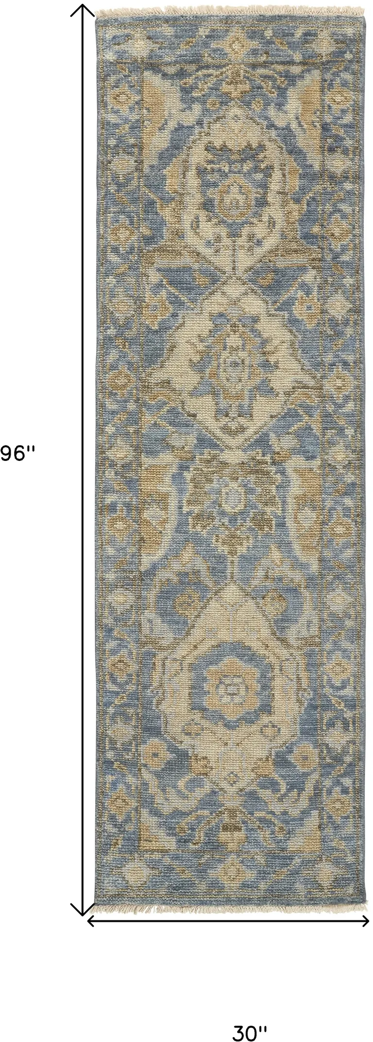 8' Blue Gold And Tan Wool Floral Hand Knotted Stain Resistant Runner Rug With Fringe Photo 5