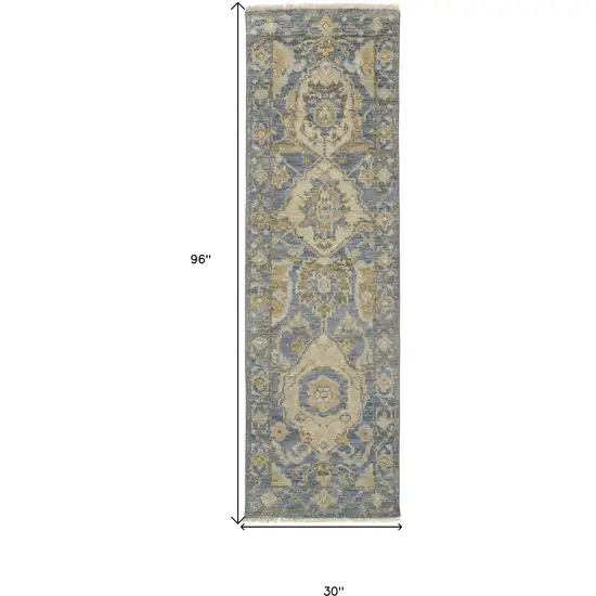 8' Blue Gold And Tan Wool Floral Hand Knotted Stain Resistant Runner Rug With Fringe Photo 5