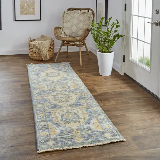 8' Blue Gold And Tan Wool Floral Hand Knotted Stain Resistant Runner Rug With Fringe Photo 3