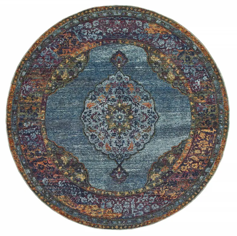 8' Blue Gold Green Red Orange And Purple Round Oriental Power Loom Stain Resistant Area Rug Photo 1