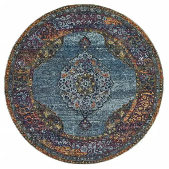 8' Blue Gold Green Red Orange And Purple Round Oriental Power Loom Stain Resistant Area Rug Photo 1