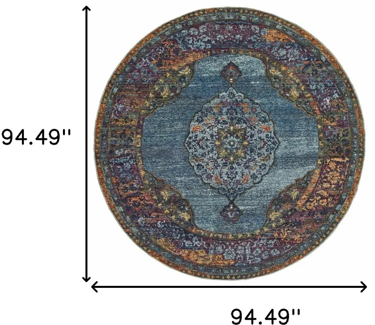 8' Blue Gold Green Red Orange And Purple Round Oriental Power Loom Stain Resistant Area Rug Photo 4