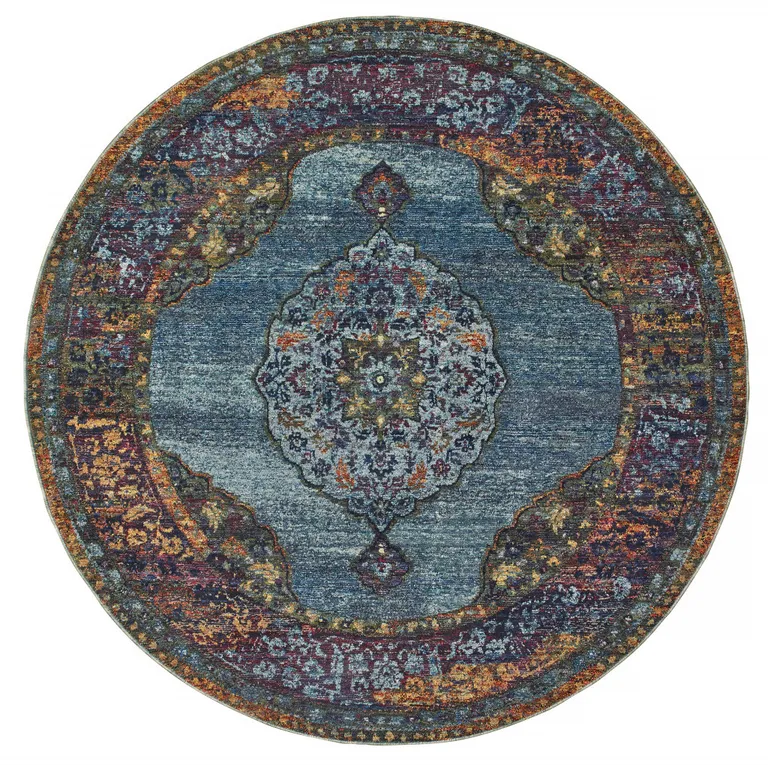 8' Blue Gold Green Red Orange And Purple Round Oriental Power Loom Stain Resistant Area Rug Photo 3