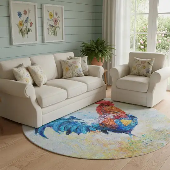 8' Blue Gold Red And Ivory Animal Print Washable Round Rug With UV Protection Photo 1