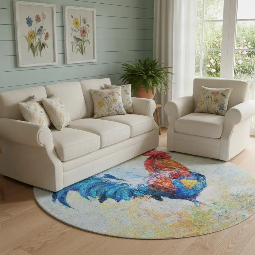 8' Blue Gold Red And Ivory Animal Print Washable Round Rug With UV Protection Photo 1