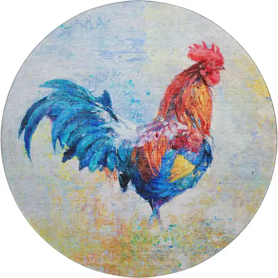 8' Blue Gold Red And Ivory Animal Print Washable Round Rug With UV Protection Photo 2