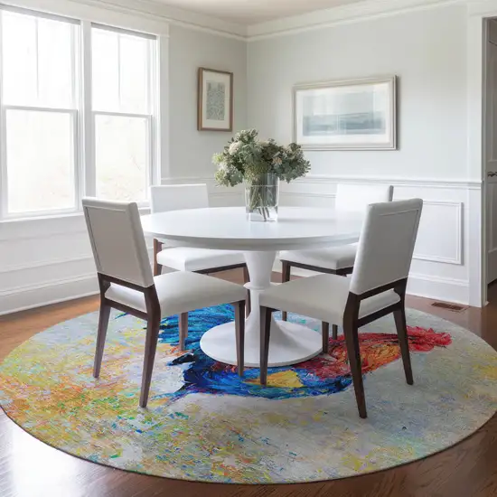 8' Blue Gold Red And Ivory Animal Print Washable Round Rug With UV Protection Photo 4