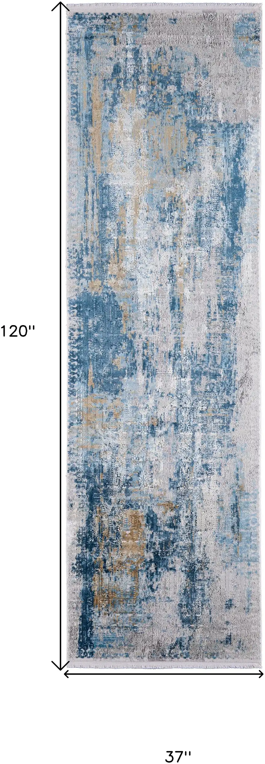 10' Blue Gold and Gray Abstract Power Loom Runner Rug With Fringe Photo 3