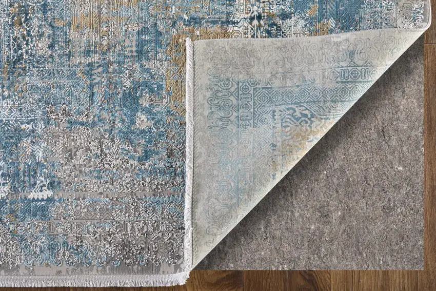 10' Blue Gold and Gray Abstract Power Loom Runner Rug With Fringe Photo 9