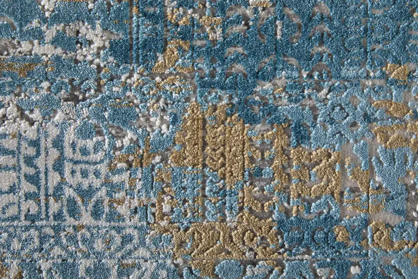 10' Blue Gold and Gray Abstract Power Loom Runner Rug With Fringe Photo 7